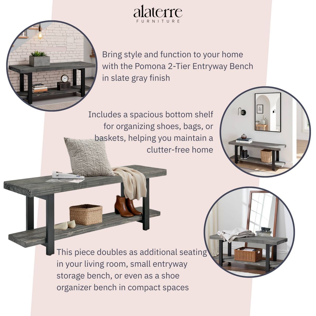 Pomona Metal and Wood Bench Slate Gray - Alaterre Furniture - thumbnail 3