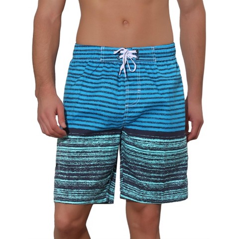 Lars Amadeus Men's Color Block Stripes Pattern Drawstring Waist Long Swimwear Shorts 36 Light Blue