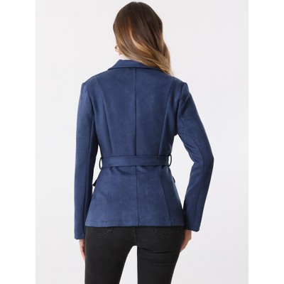 INSPIRE CHIC Women's Faux Suede Belted Lapel Single Breasted Work Outwear Blazer X-Small Dark Blue — фото 4