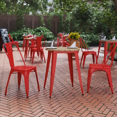 24" Round Brown Poly Resin Top Red Steel Base Dining Table