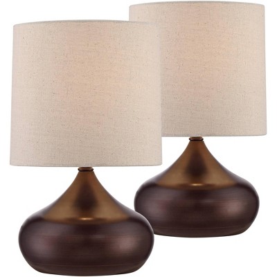 360 Lighting Mid Century Modern Accent Table Lamps 14 3/4" High Set of 2 Brown Steel Droplet Linen Drum Shade for Bedroom Bedside