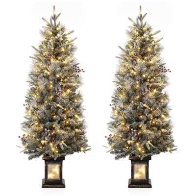 Coucheta 4.5Ft Pre-Lit Snow Flocked Christmas Tree with 8-Mode Warm White LEDs, Mini Pine Tree for Indoor/Outdoor Holiday Decor, Black Base