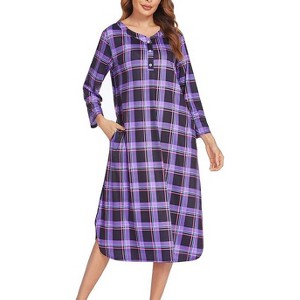 Ekouaer Womens Long Nightgowns Plaid Sleepwear Soft Loose Nightshirt 3/4 Sleeve Plus Size Housecoat with Button & Pockets - 1 of 4