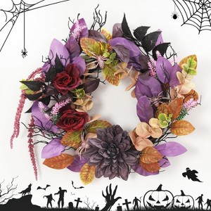 DobleePy 18 Inch Halloween Wreath, Halloween Garland with Artificial Roses & Spiders, Indoor Outdoor Holiday Accent Decoration - 1 of 4