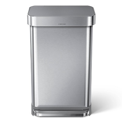 simplehuman 45L Rectangular Step Trash Can with Liner Pocket Brushed Stainless Steel and Gray Plastic Lid