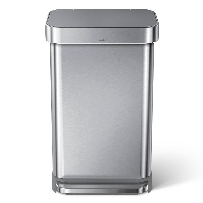 simplehuman 45L Rectangular Step Trash Can with Liner Pocket Brushed Stainless Steel and Gray Plastic Lid, 1 of 8