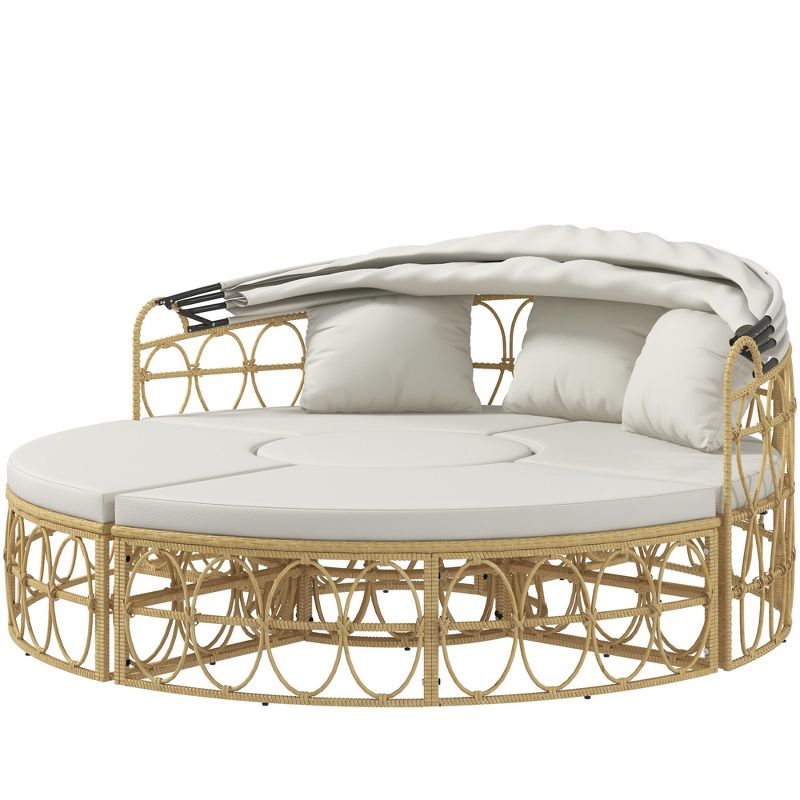 Outsunny 4 Piece Round Outdoor Daybed with Canopy, Cushioned PE Rattan Patio Furniture Set, Cream White, 4 of 7
