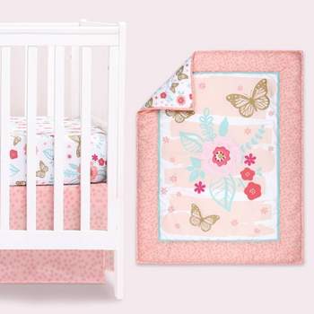 The Peanutshell Aflutter Baby Crib Bedding Set, Pink Floral/Butterfly - 3pc