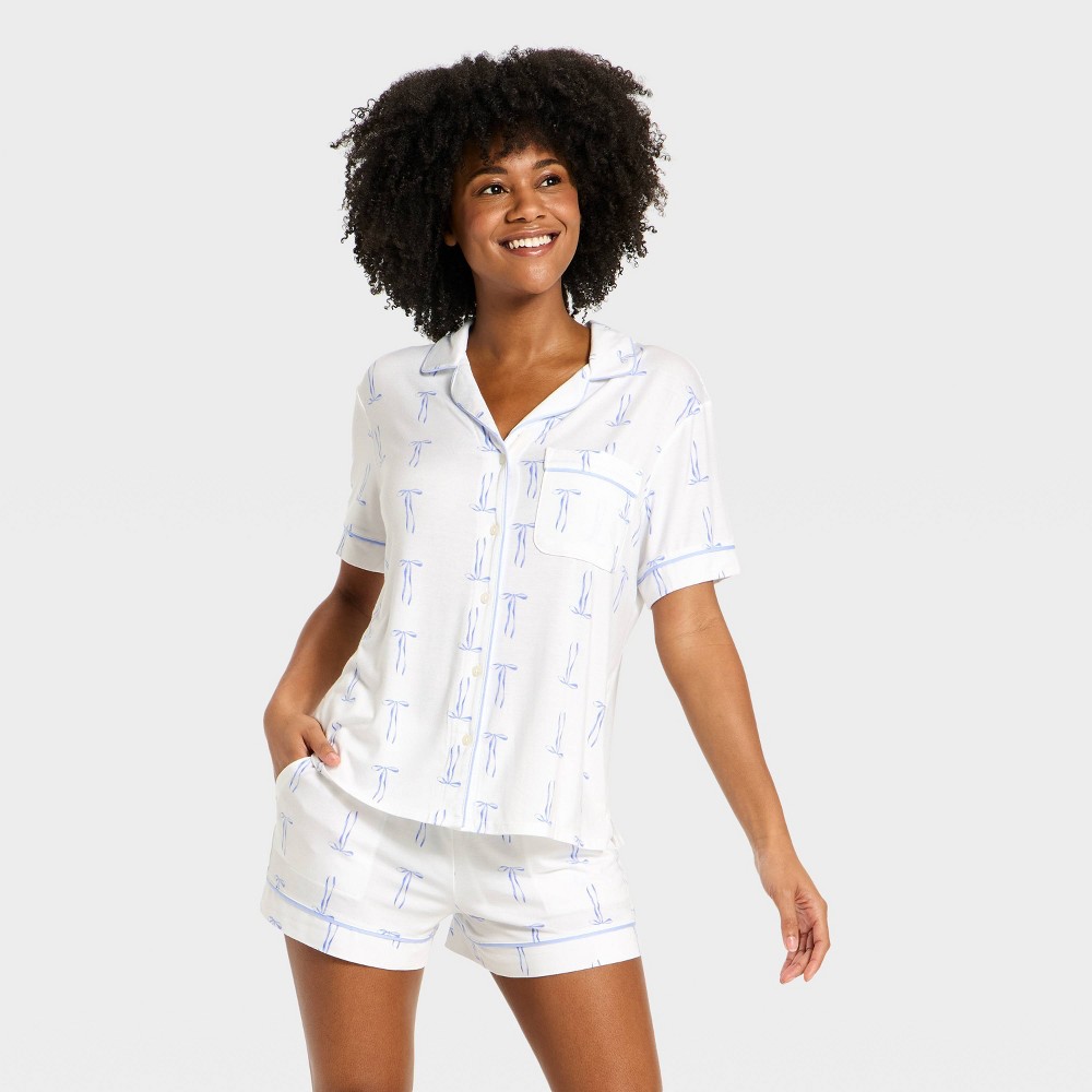 Women's Bridal Cloud Knit Modal Short Sleeve Notch Collar Top and Shorts Pajama Set - Auden™ Blue Bows X Small