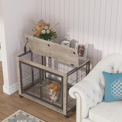 GustoWave 38'' W x 25'' D Dog Crate Furniture, Wooden Heavy Duty Dog Crate with Wheels, Double Doors Dog Cage with Wheels, Grey