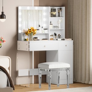 Aukfa Vanity Desk with Mirror and 3 Lighting Modes, Makeup Vanity with Glass Top and Storage Shelves, Dressing Table with 2 Drawers and Cabinet - 1 of 4