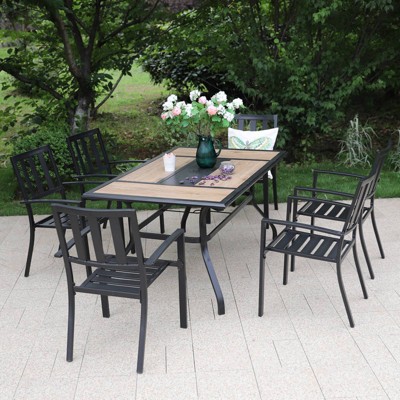 7pc Patio Dining Set with Rectangular Faux Wood Table with Umbrella Hole & Metal Chairs - Captiva Designs