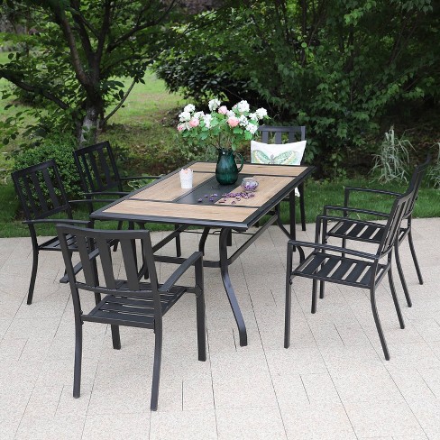 7pc Patio Dining Set With Rectangular, Faux Wood Outdoor Dining Table Set