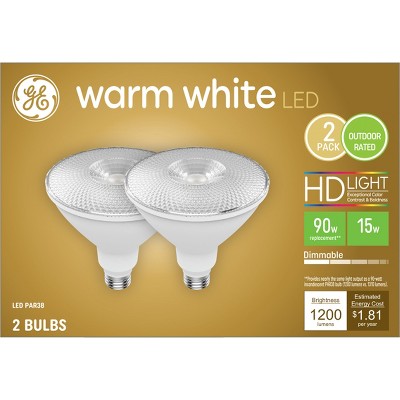 GE 2pk 90W PAR38 LED Outdoor Floodlight Bulbs Warm White: 15W Dimmable, Wet Location Suitable, 1200 Lumens, E26 Base
