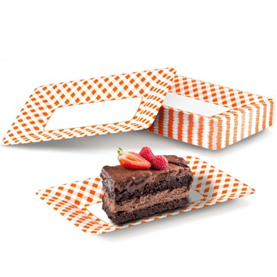 DYLIVeS Orange and White Buffalo Plaid Plates, Orange Checkered Disposable Paper Food Trays for Dessert Appetizers Snack Hotdog Rectangular Platters