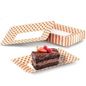 Hachikiko Orange and White Buffalo Plaid Plates, Orange Checkered Disposable Paper Food Trays for Dessert Appetizers Snack Hotdog Rectangular Platters - 1 of 4