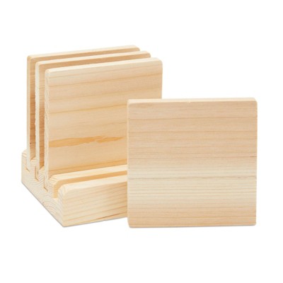 Juvale Set of 4 Unfinished Wood Drink Coasters with Holder Stand & Foam Dots, 2 Pack, Square