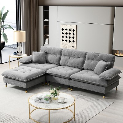 106"W L-Shaped Sectional Sofa, 4 Seat Cloud Chenille Fabric Tufted Couch Set with Two-Tone Adjustable Legs and Movable Ottoman - ModernLuxe