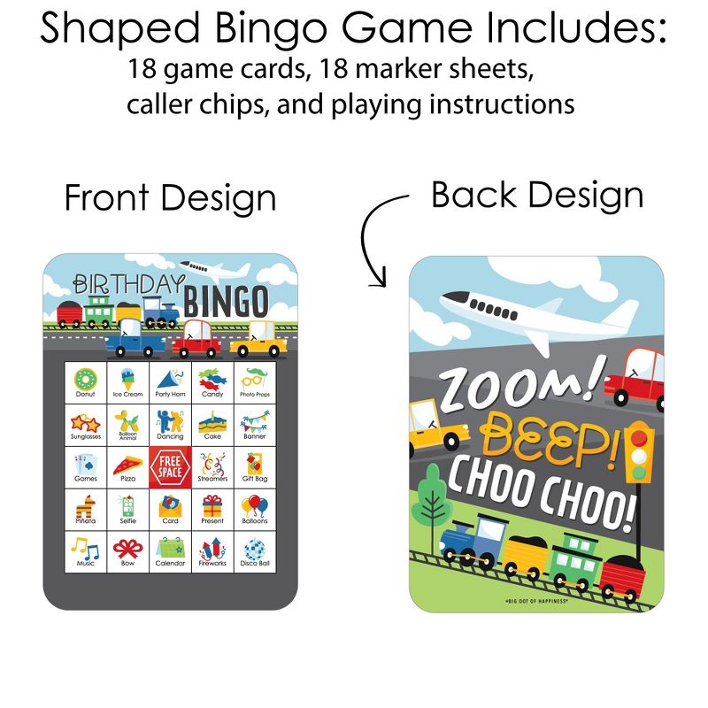 Big Dot of Happiness Cars, Trains, and Airplanes - Picture Bingo Cards and Markers - Transportation Birthday Party Shaped Bingo Game - Set of 18, 3 of 6