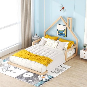 NicBex Kids Montessori Bed with House-shaped Headboard,Twin/Full Size Floor Bed,Toddler bed for Bedroom Playroom,White/Brown - 1 of 4