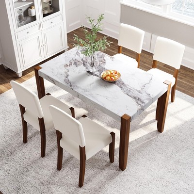 4-Piece/5 Piece Modern Dining Table Set Dining Set Space-Saving Dinette with Faux Marble Table, 2 Upholstered Chairs and Bench, White+Brown-ModernLuxe
