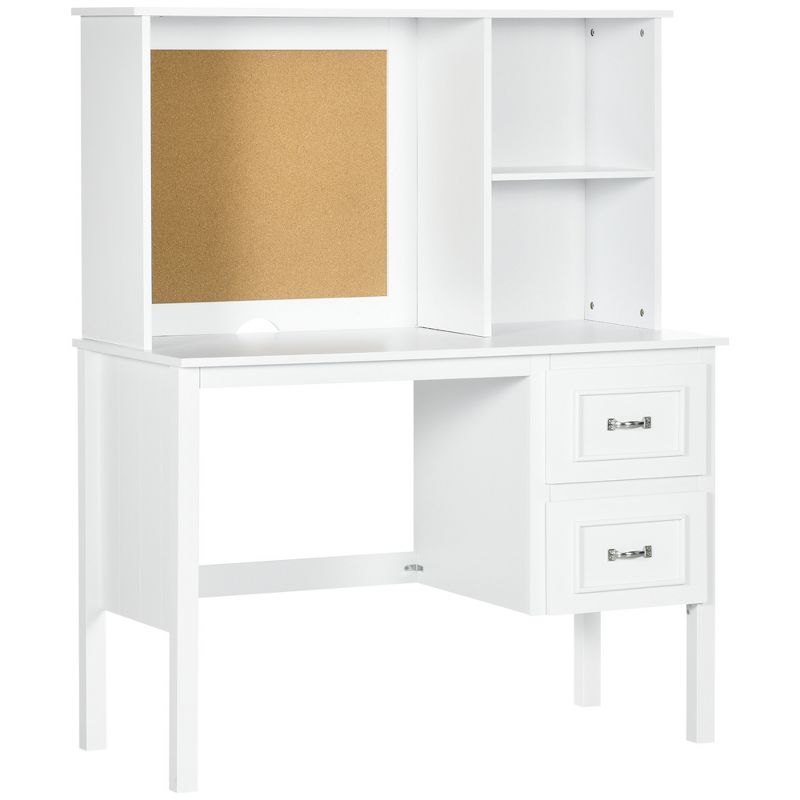 HOMCOM Computer Desk with Drawers & Shelves, Home Office Desk with Storage & Corkboard, Workstation Table with Cable Hole, White, 1 of 7