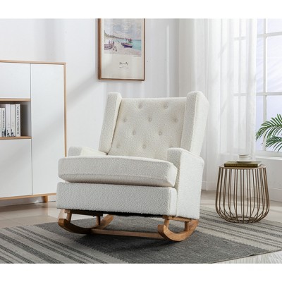MOONMISS Comfortable Rocking Chair Accent Chair,Upholstered Glider Rocker Chair,Comfy Armchair with Side Pocket For Living Room，White Teddy