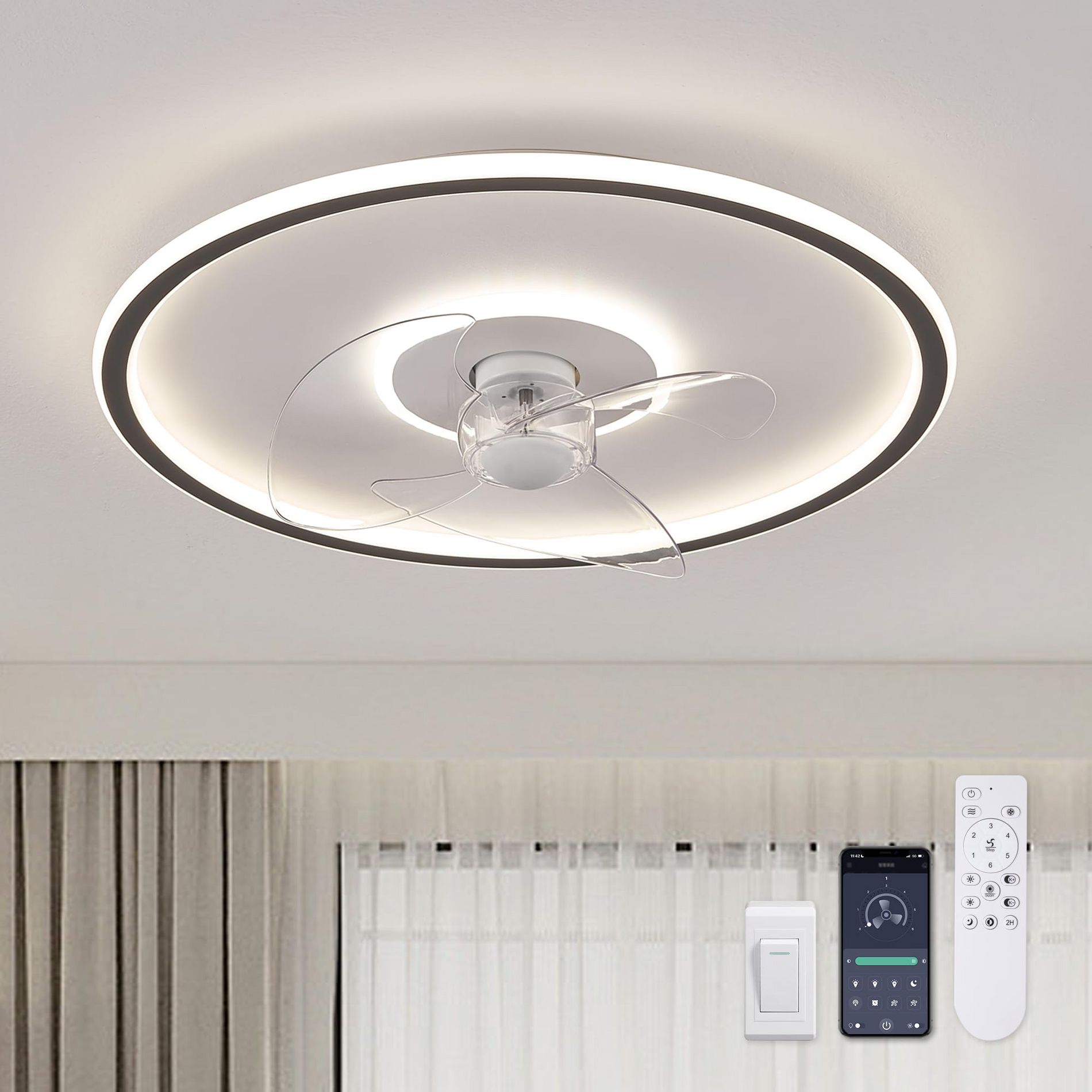 Siljoy 20 Inch Flush Mount Ceiling Fan with Lights and Remote, 6 Wind Speeds, Dimmable LED for Bedroom, Kids Room and Living Room