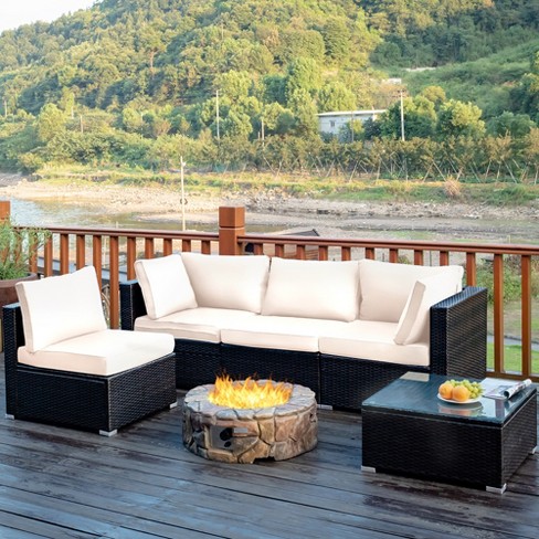 Costway 5PCS Patio Rattan Furniture Set Cushioned Sofa Chair w Coffee Table White