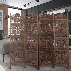 Royal Hampton 71 Inch 4 Panel Mango Wood Room Divider, Hand Carved, Sun & Moon Design, Brown - 1 of 1