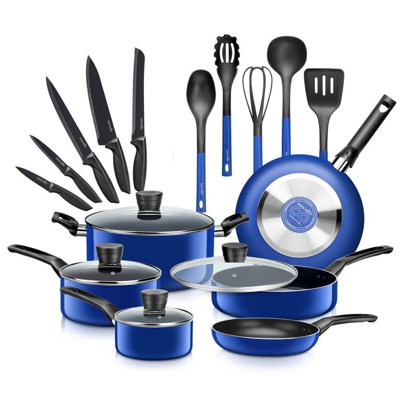SereneLife 20 Piece Kitchenware Pots & Pans Set – Basic Kitchen Cookware, Black Non-Stick Coating Inside, Heat Resistant Lacquer (Blue), 1 of 8