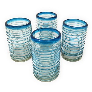 Dos Sueños Mexican Hand Blown Drinking Glasses - Aqua Spiral - 14oz - Set of 4 - 1 of 4