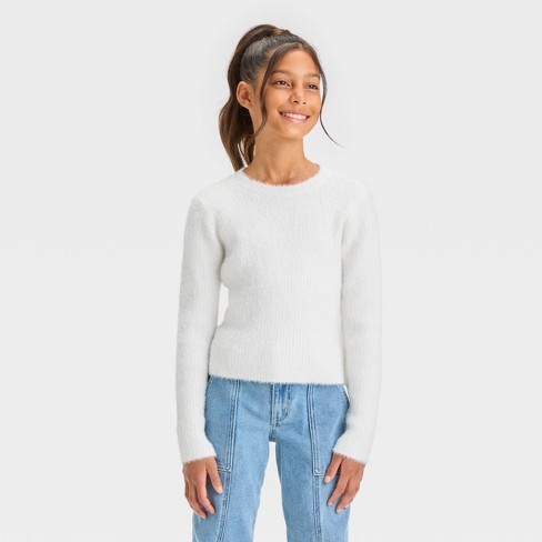 Girls Fuzzy Ribbed Crewneck Sweater art class White XS