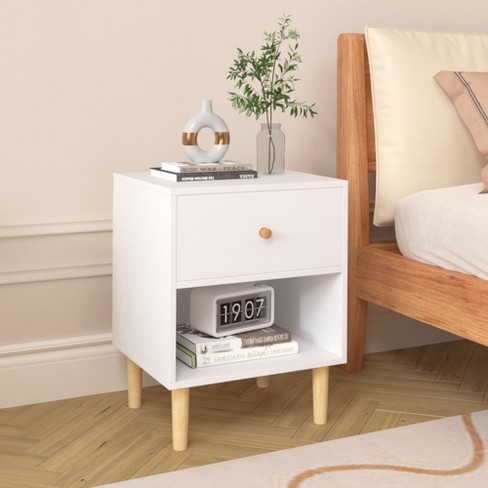 NicBex Nightstand with 1 Drawer 14.96 inch Bedside Table with Solid Wood Frame and Wood Legs Modern Side Table for Bedroom Living Room White