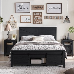 SinCiDo Full Size Storage Beds with Headboards & Sliding Door Storage Cabinets, Farmhouse Wood Bed with Solid Wood Slats Support, Noiseless, Black - 1 of 4