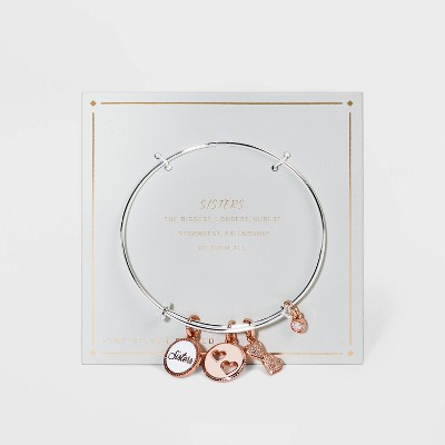 Silver Plated Two-Tone 'Sisters' Enamel Charm Bangle - Silver