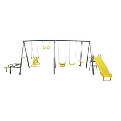 XDP Recreation Rising Sun Playground Metal A-Frame Kids Swing Set, 10 Child Capacity, Outdoor Playset with Slide, See-Saw, Glider, and Swings, Yellow