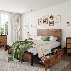 Platform Bed Frame with Wood Headboard, Under Bed Storage & Strong Wood Slats, No Box Spring Needed, Noise Free & Easy Assembly, Rustic Brown - 1 of 4