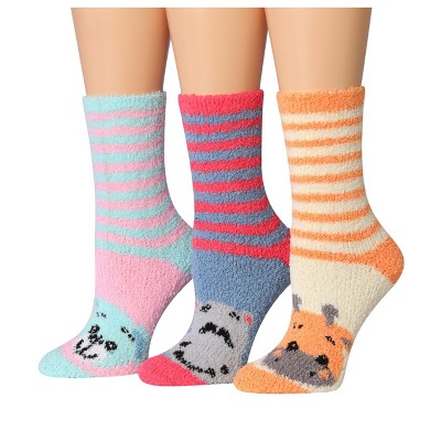Tipi Toe Women's 3-Pairs Cozy Microfiber Anti-Skid Tropical Bliss Patterned Soft Fuzzy Crew Socks