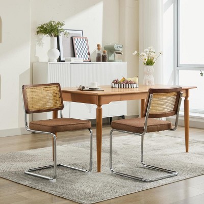 Mid Century Modern Dining Chair Set of 2 with Linen Seat,Rattan Back and Cantilever Chrome Base for Dining Room-Baofuwish