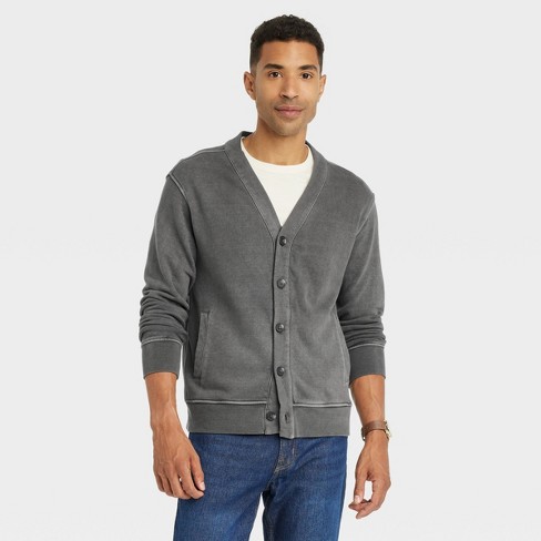 Men's V-Neck French Terry Cardigan - Goodfellow & Co™ Charcoal Gray XXL