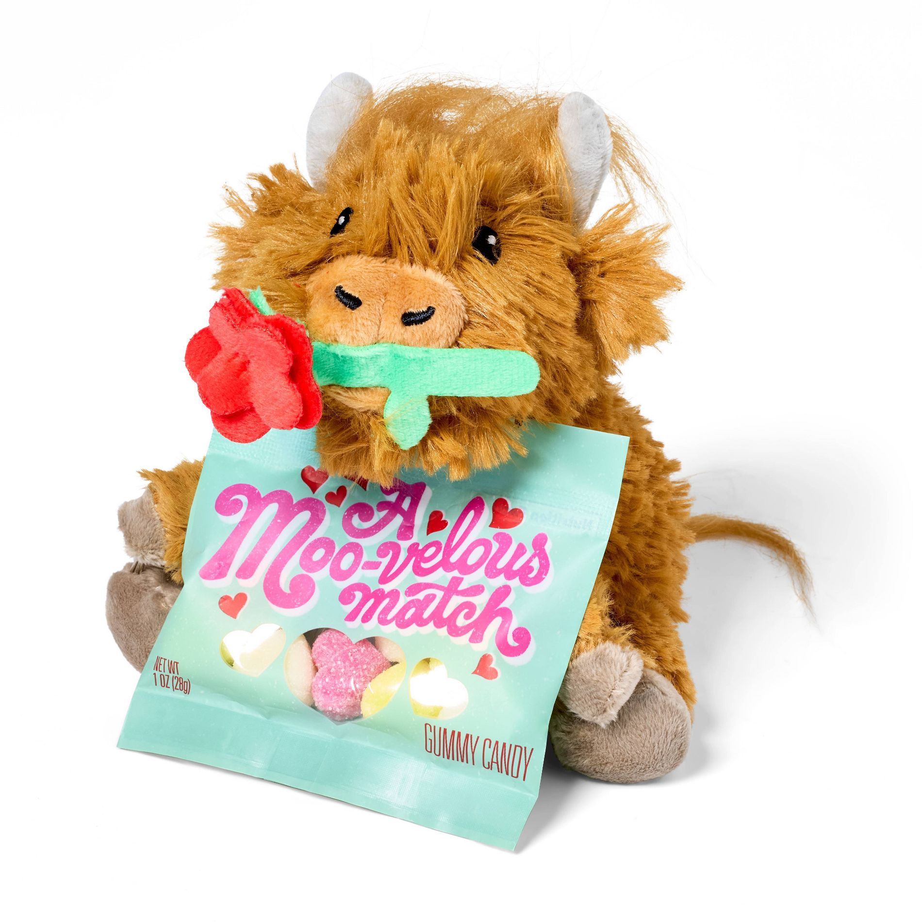 Valentine's Highland Cow Plush with Pink, Red, Yellow Hearts Candy - 1oz - Favorite Day™