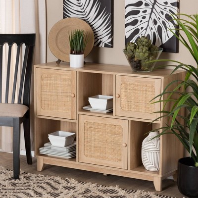 Elsbeth Light Brown Wood and Rattan 3-Door Sideboard
