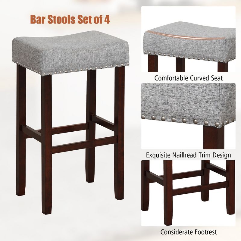 Tangkula Set of 4 Bar Stools Bar Height Saddle Kitchen Chairs w/ Wooden Legs Gray, 4 of 9