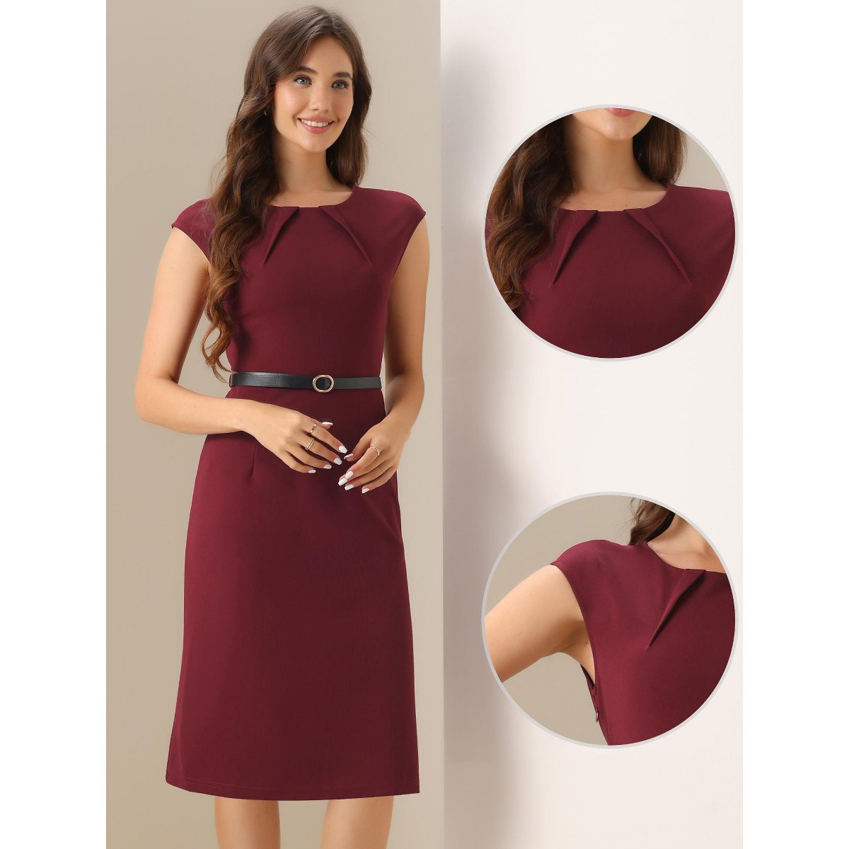 Женские платья INSPIRE CHIC Women's Elegant Business Round Neck Belted Cap Sleeve Work Sheath Dresses Small Burgundy — фото 2