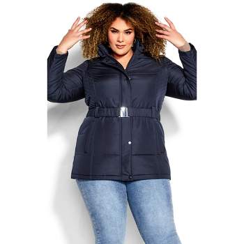 Women's Plus Size Belted Hood Puffer Coat - navy | AVENUE