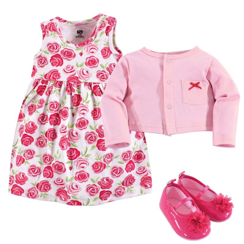 Hudson Baby Infant Girl Cotton Dress, Cardigan and Shoe 3pc Set, Pink Roses, 3 of 7