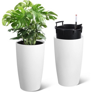 2PC Tall Round Tapered Planter, Indoor/Outdoor Self Watering Pots, Large Flower Pot Outdoor with Built-in Drainage and a Water Level for Home - 1 of 4