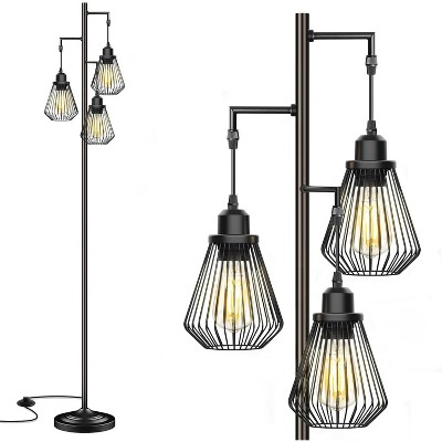 ROTTOGOON 68" Floor Lamp Industrial Farmhouse 3 Hanging Teardrop Cage Shades Modern Rustic Tree Tall Lamp Pedal Switch Black 1-Pack