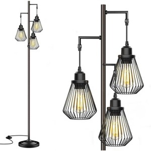 ROTTOGOON 68" Floor Lamp Industrial Farmhouse 3 Hanging Teardrop Cage Shades Modern Rustic Tree Tall Lamp Pedal Switch Black 1-Pack - 1 of 4